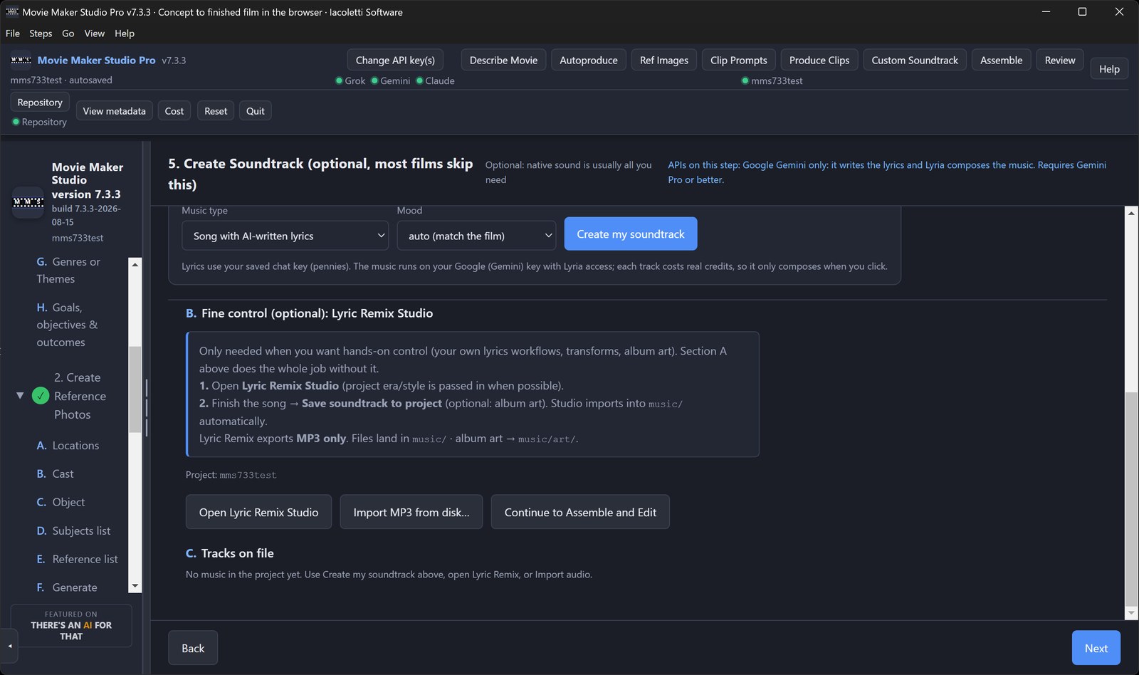 Optional: AI writes original lyrics and composes a soundtrack, or import your own MP3.